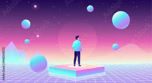 Flat Vector Art of a Person Standing in a Dreamy Landscape  