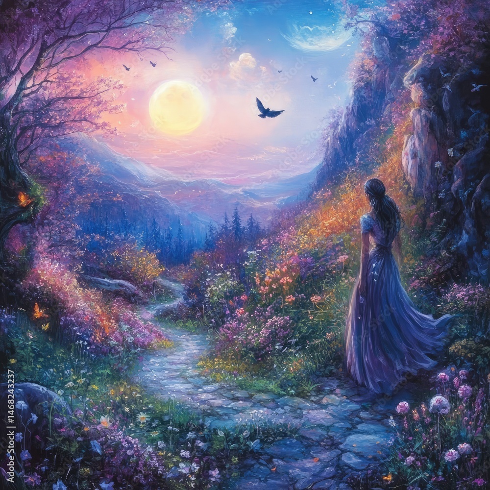 A mystical path, vibrant colors, and a solitary figure A mystical path, vibrant colors, and a solitary figure