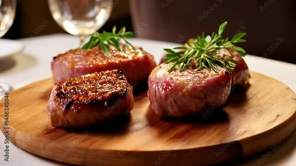 Close Up of Four Brown Filets Mignon Topped with Herbs on a Wooden Board in a Restaurant Ambiance Close Up of Four Brown Filets Mignon Topped with Herbs on a Wooden Board in a Restaurant Ambiance