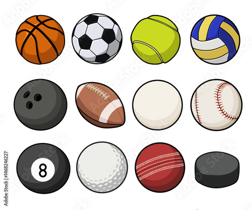 Vector icon set of various ball sports, Sports balls collection including soccer, basketball, tennis, pingpong, cricket, rugby, table tennis, bowling, billiard, baseball, volleyball, golf