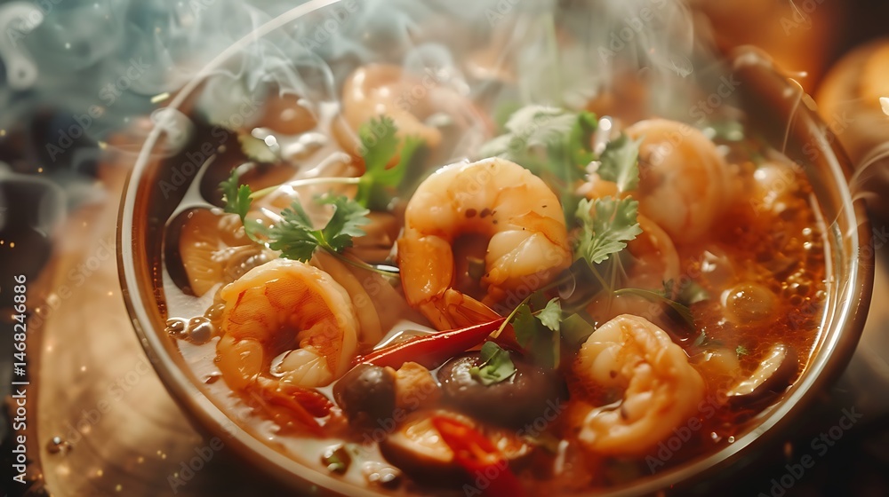Steaming Bowl Of Tom Yum Soup With Shrimp And Mushrooms Photo Steaming Bowl Of Tom Yum Soup With Shrimp And Mushrooms Photo