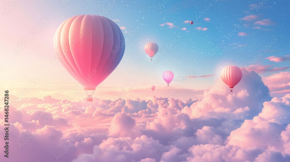 Obraz premium Pastel hot air balloons floating above fluffy clouds at sunrise