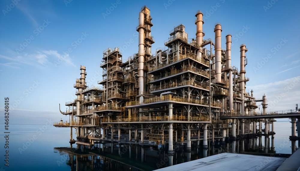 Industrial Refinery on Water's Edge at Dawn Industrial Refinery on Water's Edge at Dawn