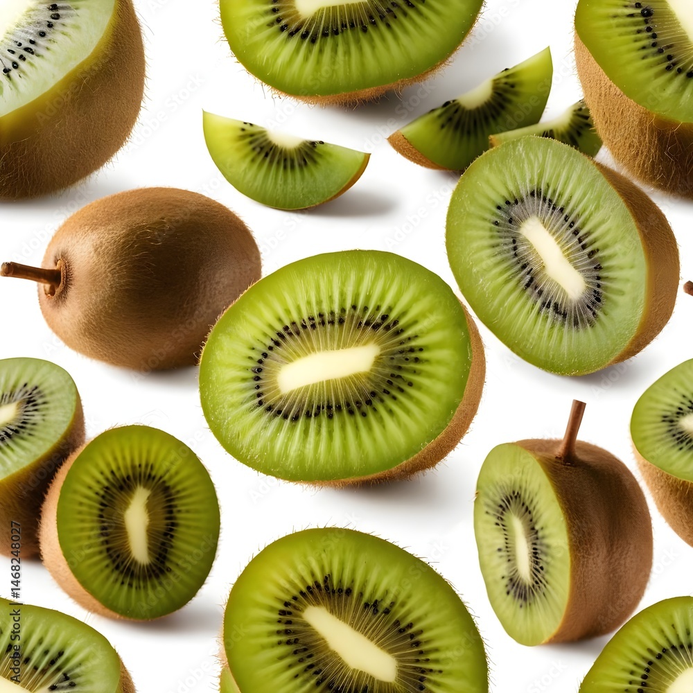 Fototapeta premium Fresh Kiwi Fruit Slices and Whole Kiwis on White Background