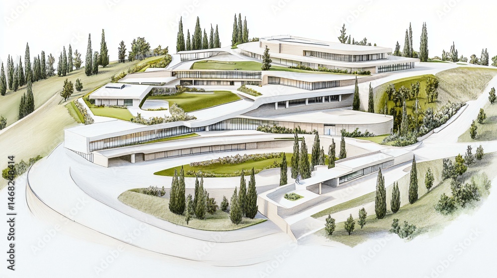 Architectural pencil sketch of a rural education center built into a hillside with green terraces, earth-sheltered classrooms, and wind-catcher chimneys for natural airflow