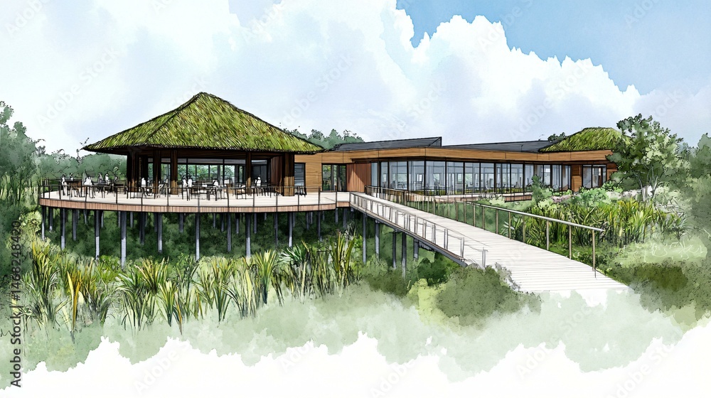Charcoal and pastel drawing of a tropical research station elevated on stilts with thatched green roof, cross-ventilated pods, and native plant bioswale systems around deck edges