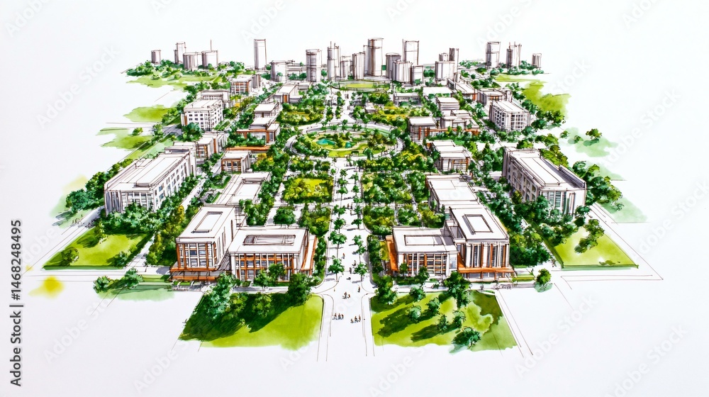 Hand-drawn plan view of an eco-industrial park with clustered bioenergy plants, green buffer zones, shared water treatment wetlands, and pedestrian greenways linking buildings