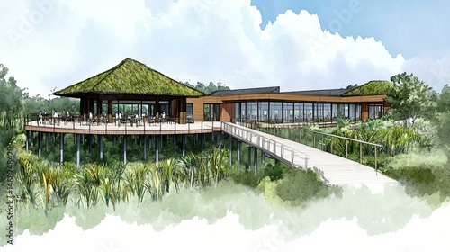 Obraz na płótnie Charcoal and pastel drawing of a tropical research station elevated on stilts with thatched green roof, cross-ventilated pods, and native plant bioswale systems around deck edges w salonie