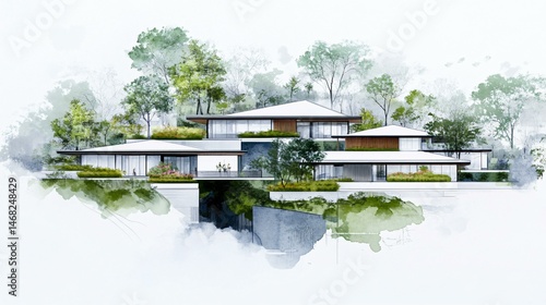 Concept drawing of a zero-energy residential complex with dynamic shading louvers, green terraces cascading down faÃ§ades, and integrated rooftop orchards for urban farming