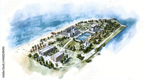 Hand-drawn plan view of an eco-industrial park with clustered bioenergy plants, green buffer zones, shared water treatment wetlands, and pedestrian greenways linking buildings