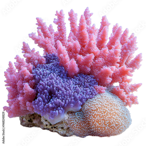 Pink purple coral reef marine life underwater ocean sea life aquarium tank on transparent background