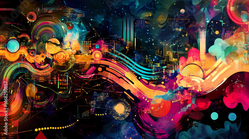 Colorful abstract representation of digital connectivity. [Cyber Serenades] | Digital Madrigal | virtual melody. Illustration