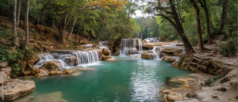 Naklejka premium Lush waterfall cascading into turquoise pool