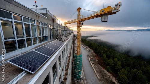 Construction site on a building with solar panels and a crane in a forested mountain landscape during sunset