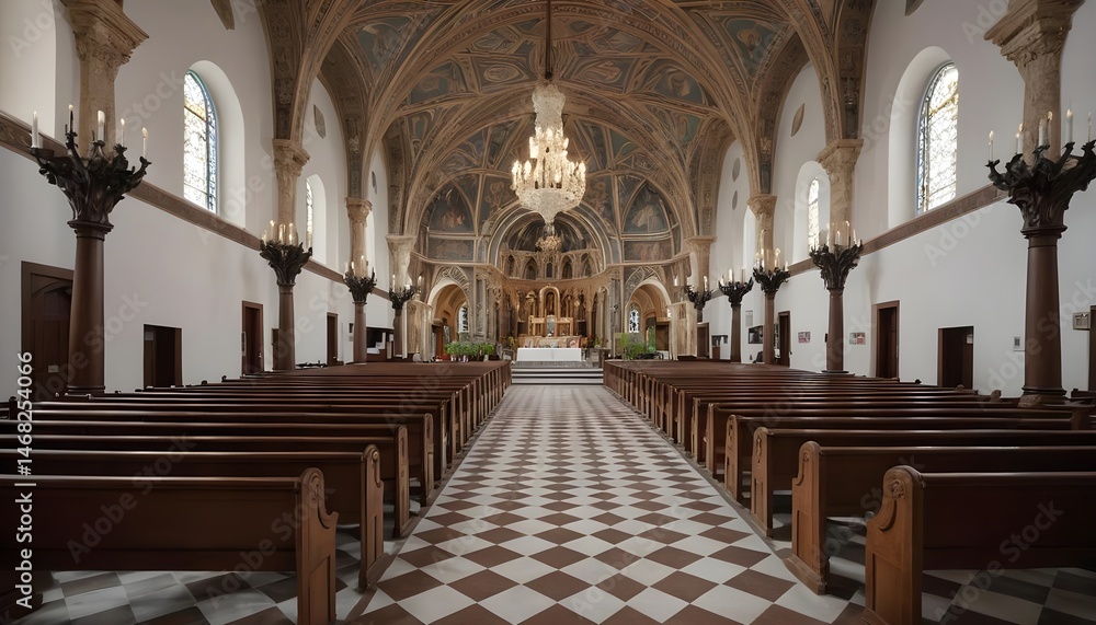 Fototapeta premium Empty Church Interior with Checkerboard Floor