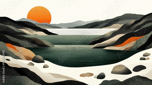 Serene Pixelated Lake Scenery with a Radiant Sun Coastal Charm Art and Tranquil Water Landscape in Pixel Art Style Vector