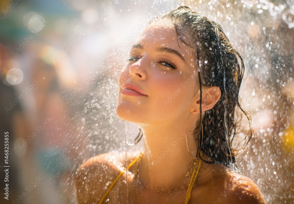 Obraz premium Young woman enjoying refreshing summer shower outdoors.