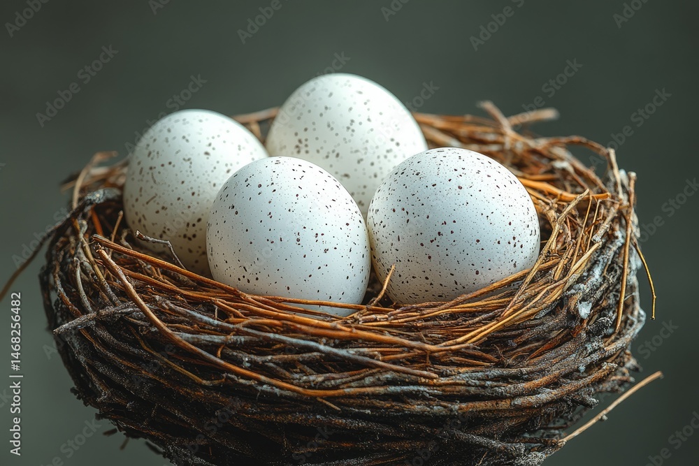 Obraz premium Nest of speckled eggs nestled within a woven nest.