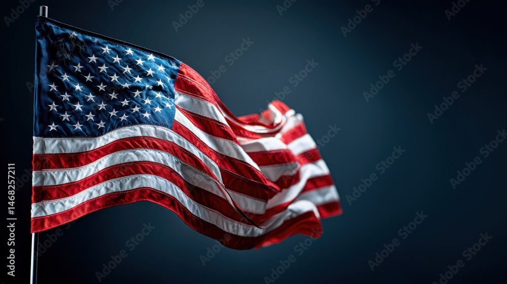 Obraz premium Waving American flag against dark background.