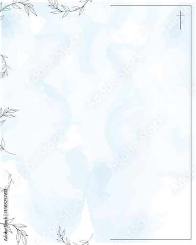 Funeral Empty card.  Sky blue background. Aquarelle background. Frame of leaves. Church cross
