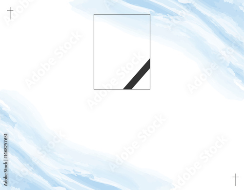 Funeral Empty card.  Sky blue background. Aquarelle background. Church cross and photo frame with black ribbon