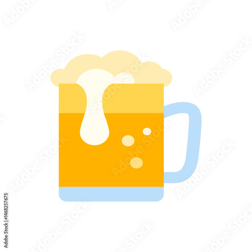 Illustration of a beer mug filled with golden liquid, topped with frothy foam and visible bubbles inside