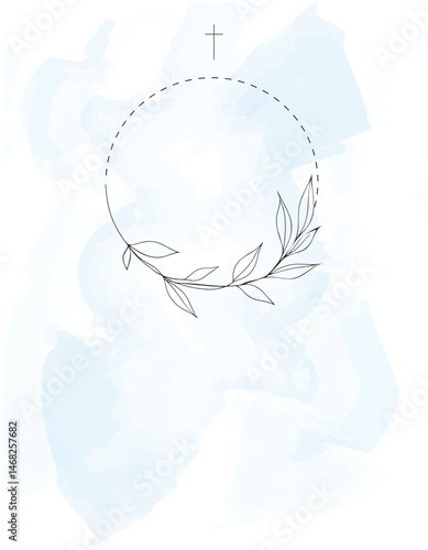 Funeral Empty card.  Sky blue background. Aquarelle background. Church cross