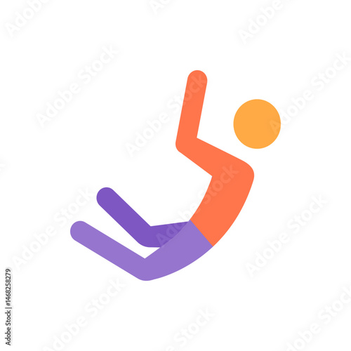 Stylized depiction of a person in mid air with orange upper body and purple legs against white backdrop