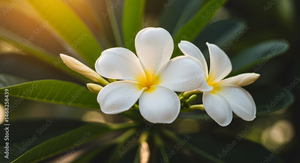 Fototapeta premium Blooming White Flower with Green Leaves in Natural Sunlight
