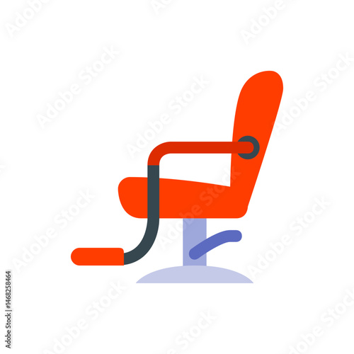 Illustration of an orange salon chair with dark gray arm and foot rests on a light blue base design