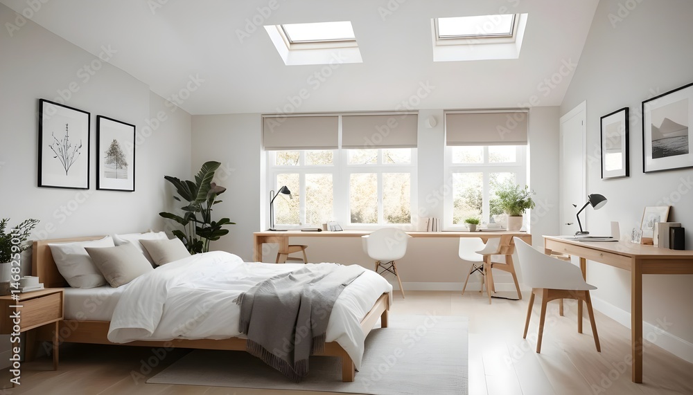 Fototapeta premium Modern Minimalist Bedroom with Home Office Space