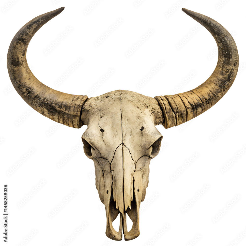 Obraz premium Ancient Horns: A detailed, studio-shot image of a weathered animal skull, featuring prominent, aged horns. This evocative piece speaks of the passage of time, the strength of nature.