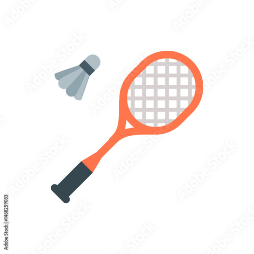 Illustration of a badminton racket with an orange frame and a shuttlecock on a white background scene view