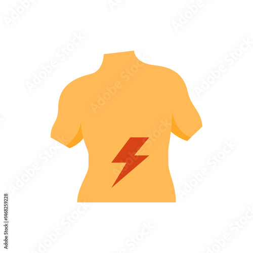 Human torso with back pain represented by a red lightning bolt indicating discomfort and health issues