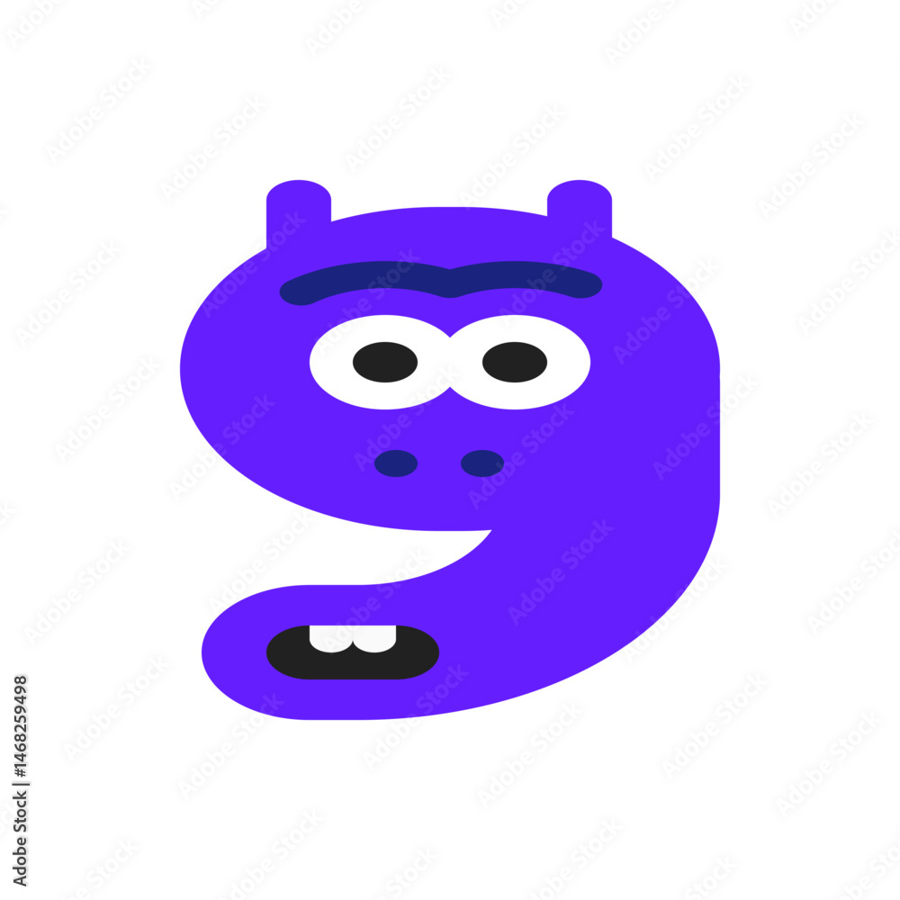 Illustration of a purple cartoon character shaped like the number nine with facial features on a white background Illustration of a purple cartoon character shaped like the number nine with facial features on a white background