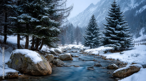 Snowy river flows past icy trees
