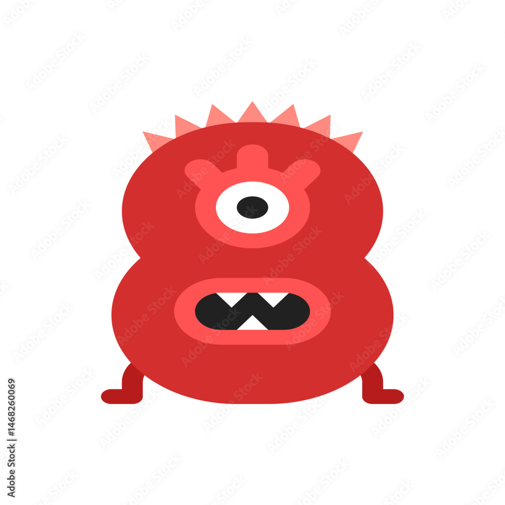 Illustration of a red cartoon monster with one eye and sharp teeth standing on two short legs design Illustration of a red cartoon monster with one eye and sharp teeth standing on two short legs design