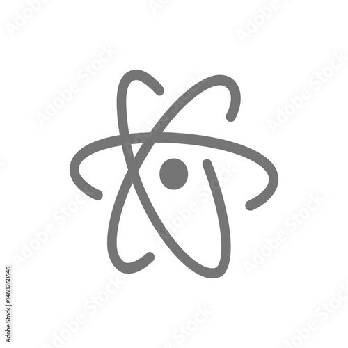 A gray atom symbol with three orbiting paths and a central nucleus on a plain white background design element