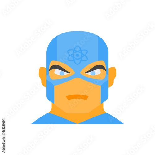 Illustration of a superhero with a blue mask and an atom symbol on his forehead in a portrait view