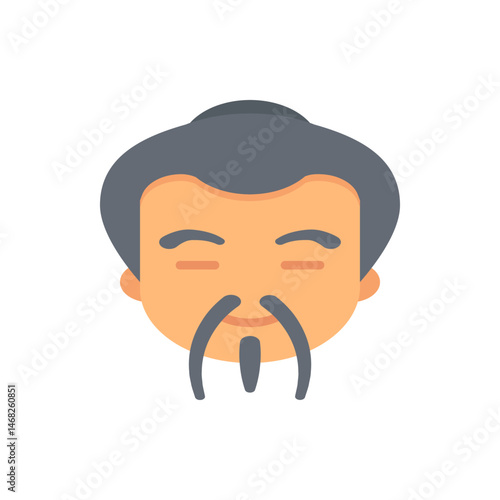 Illustration of a man with a topknot, closed eyes, and a long, thin, gray mustache and goatee design