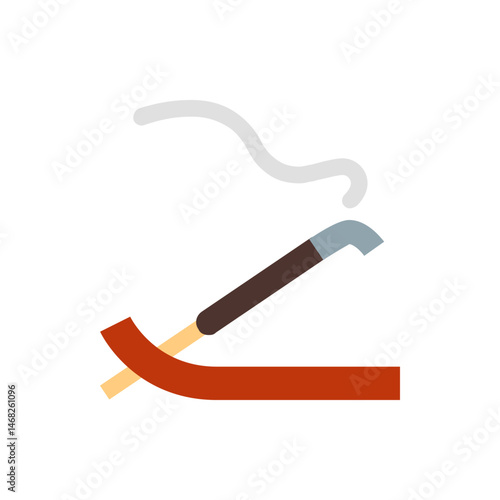 Illustration of a burning incense stick resting on a holder with visible smoke on a white background