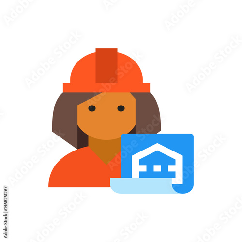 Illustration of a female construction worker with a hard hat holding a blueprint of a house design plan view