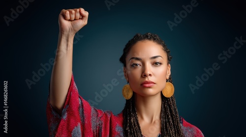 Confident woman with raised fist posing in symbolic gesture.