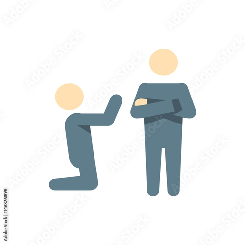 Illustration of a person kneeling in front of another person with arms crossed standing upright
