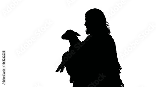 Jesus as the Good Shepherd silhouette, holding a lamb, simple silhouette black vector,  -  