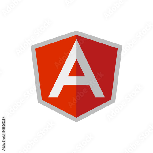 Angular logo featuring a white letter a inside a red shield with a gray outline on a white background