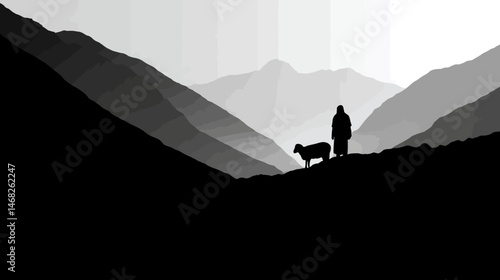 Jesus and the lost sheep silhouette, mountainous landscape, simple silhouette black vector,  -  