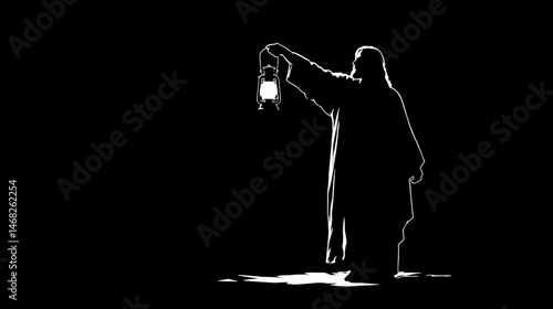 Jesus as the Light of the World silhouette, lantern in hand, simple silhouette black vector,  -  