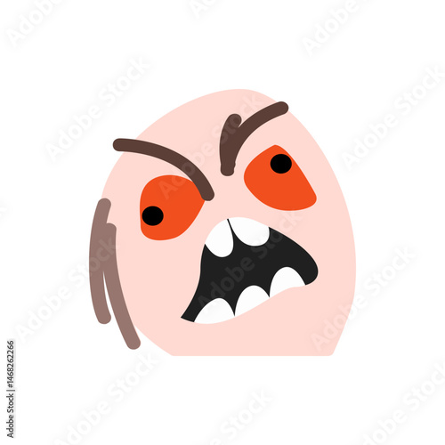 An angry face with orange eyes and a wide open mouth showing teeth and brown eyebrows is displayed here