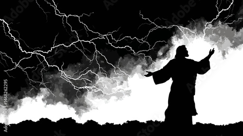 Jesus calming the storm silhouette, lightning in background, simple silhouette black vector,  -  